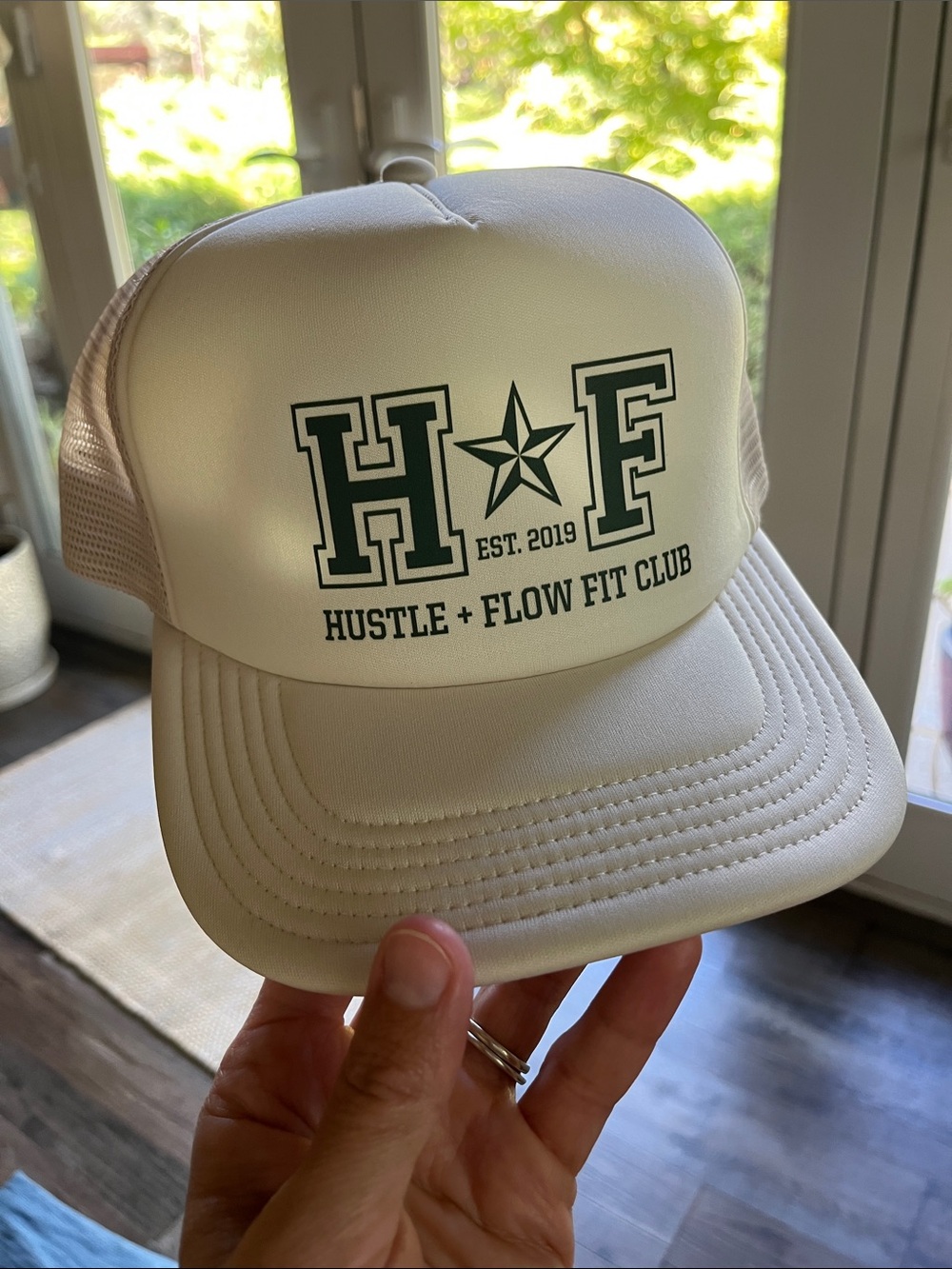 Hustle + Flow Fit Club Cream Trucker Hat with Green Logo